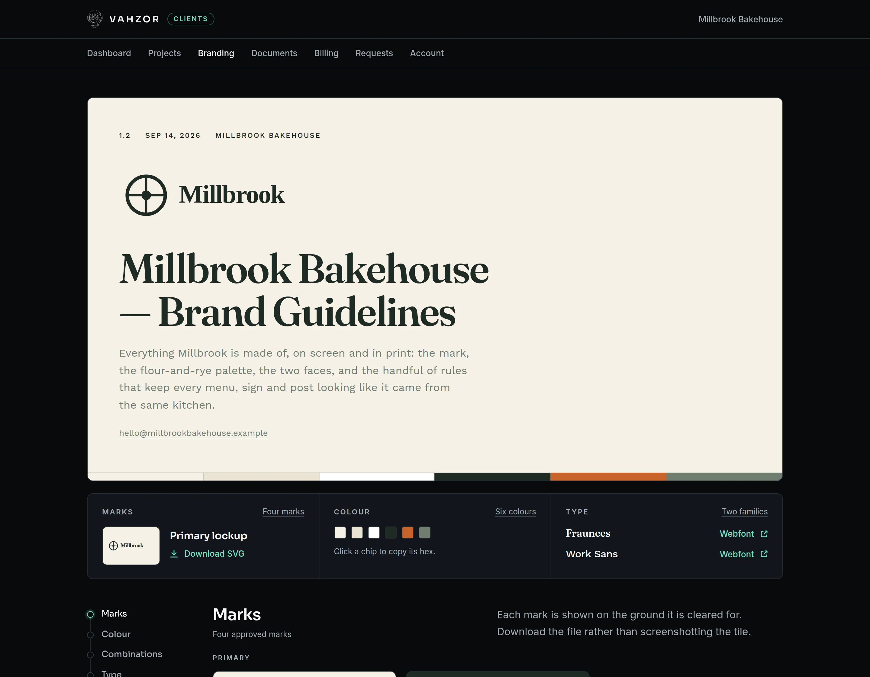 A brand guidelines page in the Vahzor client portal, shown for a fictional bakery: a cream cover carrying the bakery's wheel mark and its name set in a serif face, with the brand's six colours running along the bottom edge, above panels for its marks, palette and type.