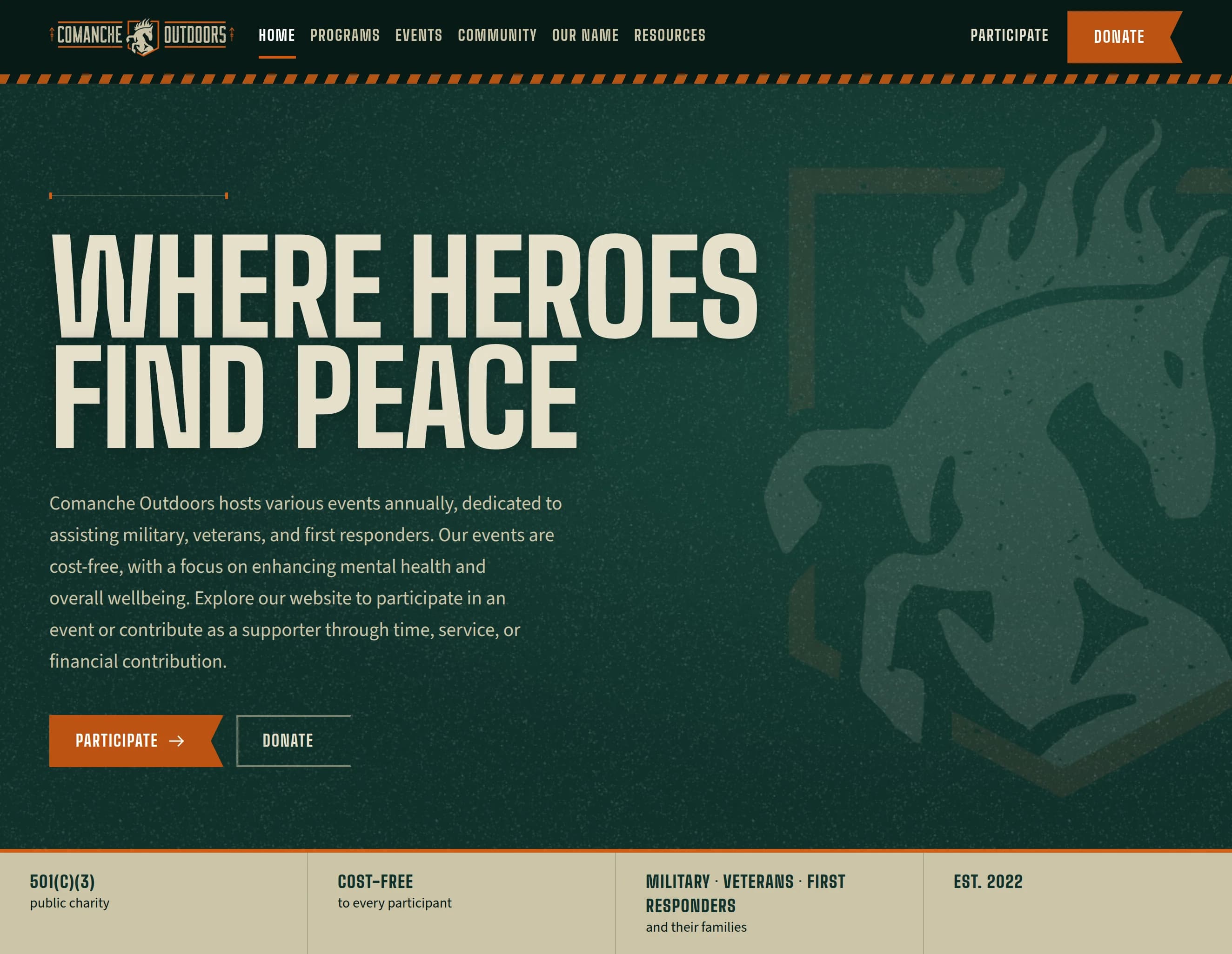 The new Comanche Outdoors homepage: the logo in a forest-green header, the headline 'Where Heroes Find Peace' in condensed capitals, a line on the organization's purpose, and routes for each kind of visitor.