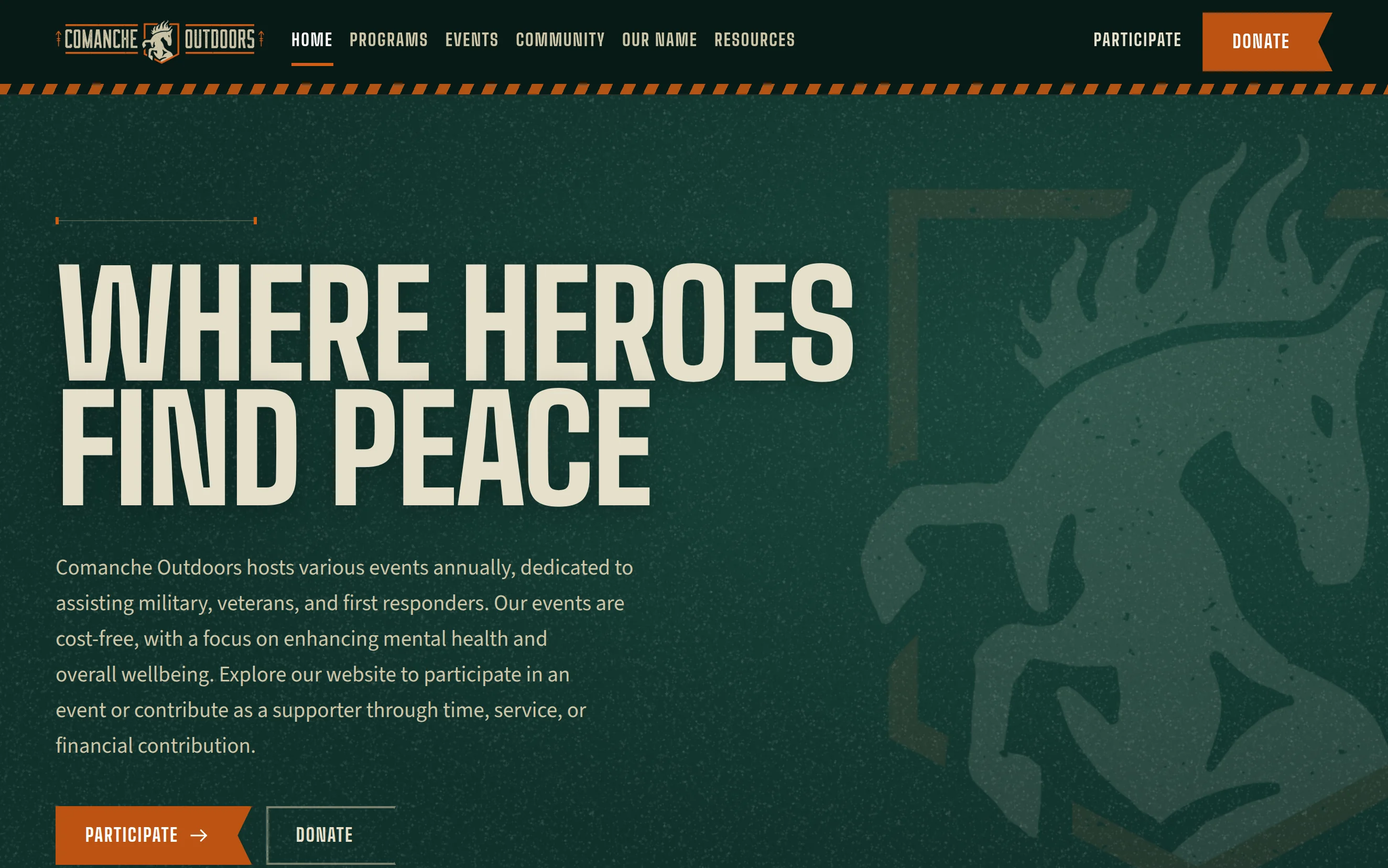 The new Comanche Outdoors homepage: the logo in a forest-green header, the headline 'Where Heroes Find Peace' in condensed capitals, a line on the organization's purpose, and routes for each kind of visitor.