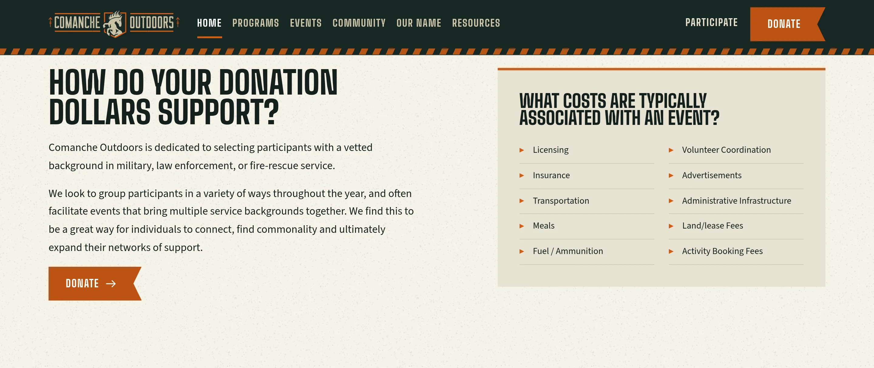 The section headed 'How do your donation dollars support?' listing what an event actually costs, with a Donate action.