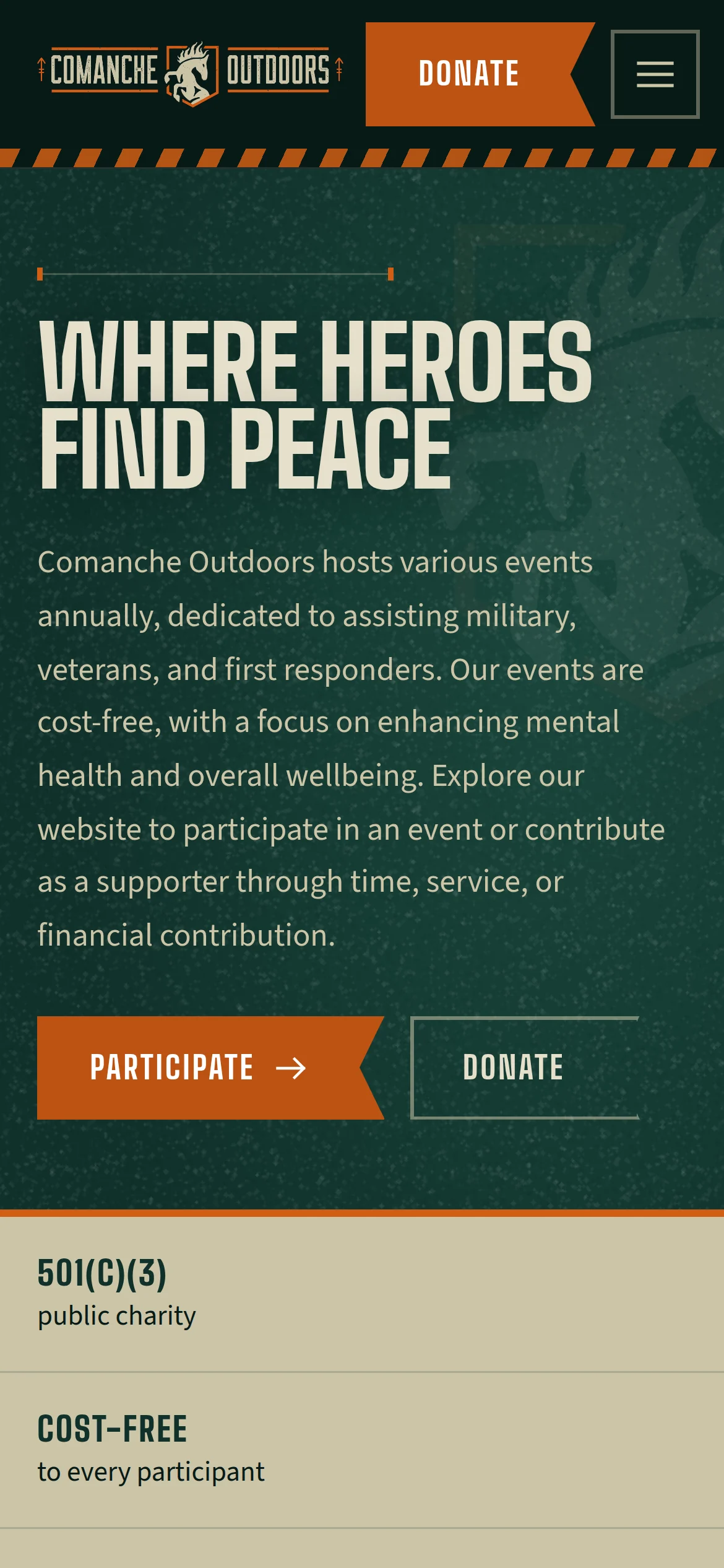 The new Comanche Outdoors homepage at phone width: the logo, a menu, the headline 'Where Heroes Find Peace', and a Donate action.