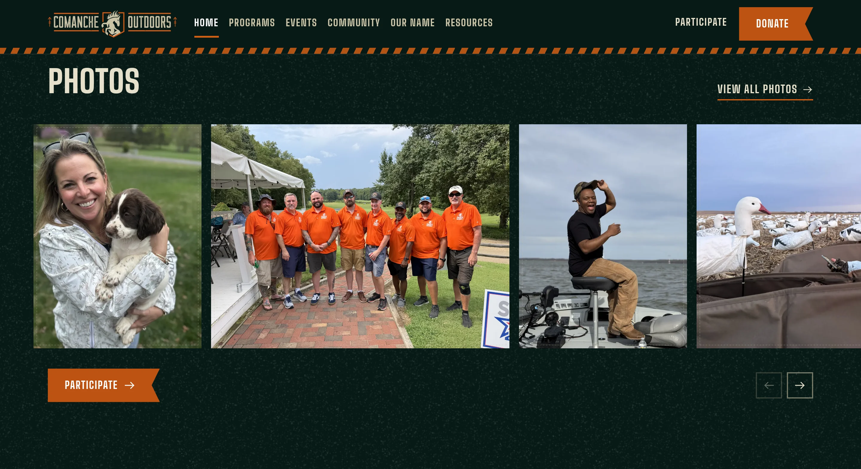 The Photos section of the homepage: a strip of photographs from the organization's outings, with a link to the full collection.