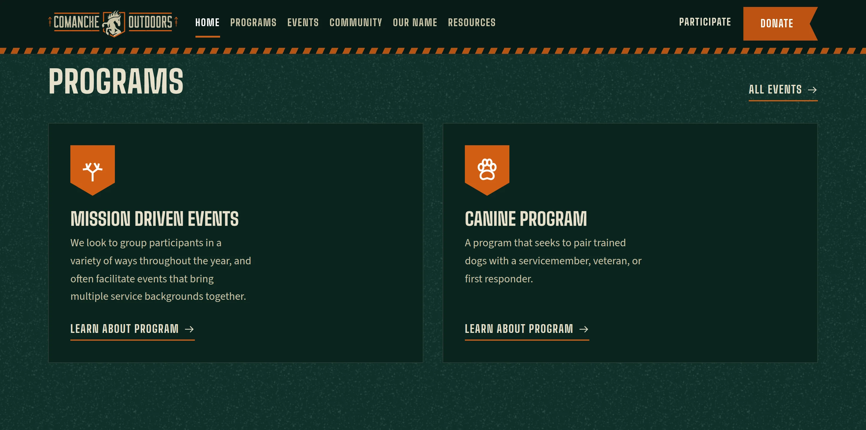 The Programs section of the homepage: a heading in condensed capitals and program plates with a notched edge, each leading to its page.
