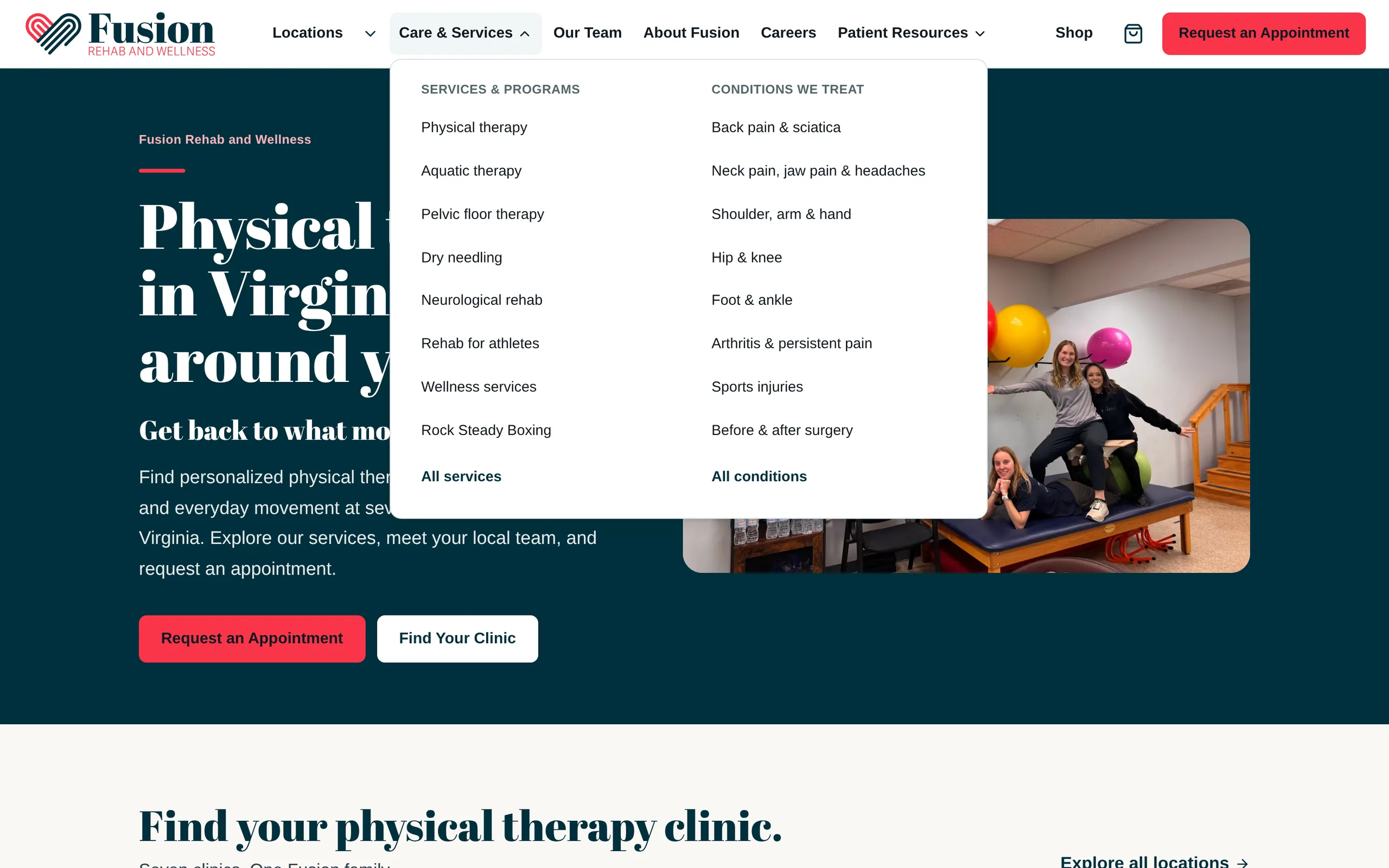 The Care & Services menu open over the homepage: services and programs in one column, from physical therapy to Rock Steady Boxing, and the conditions Fusion treats in the other, from back pain and sciatica to before and after surgery.