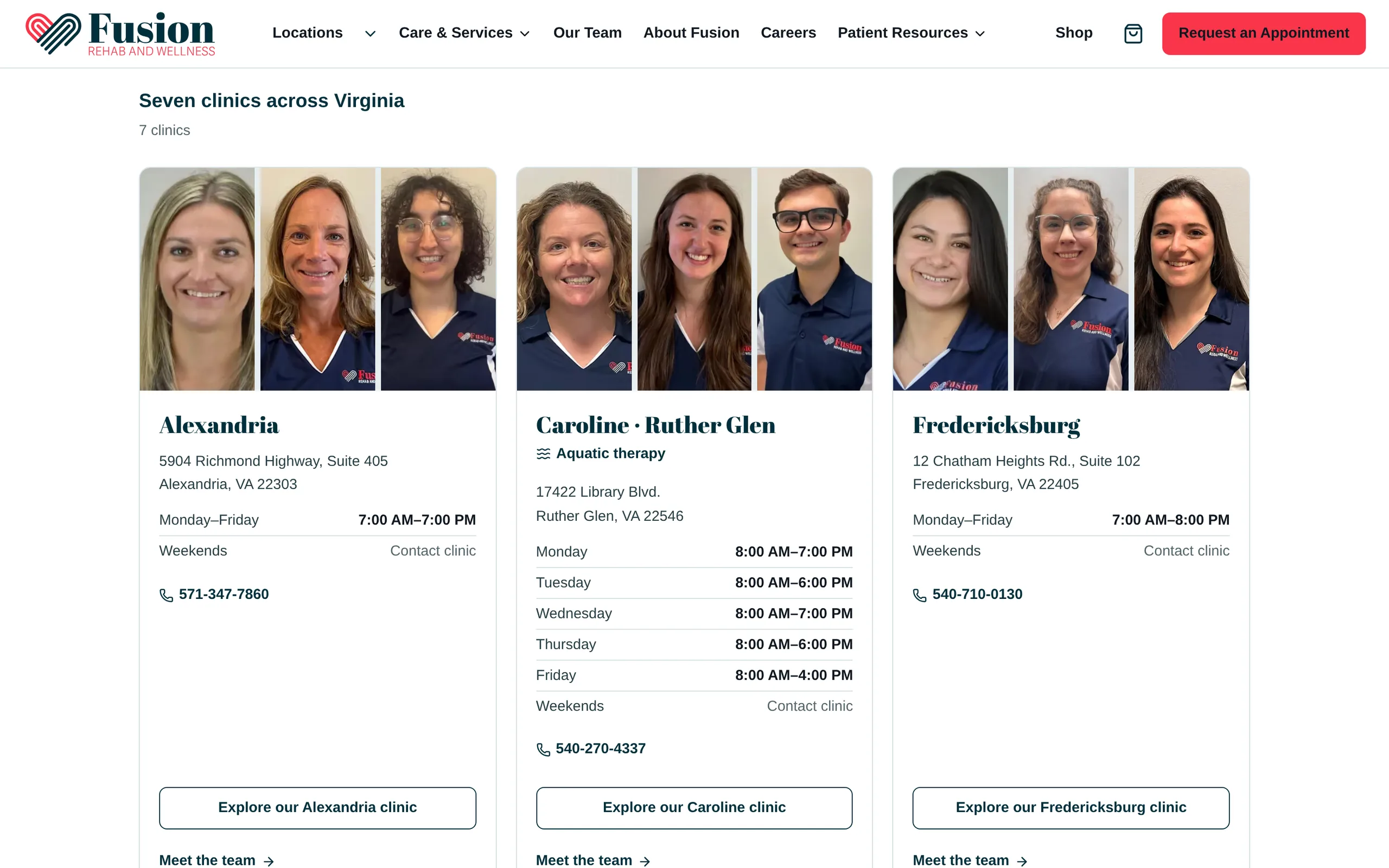 The locations page's 'Seven clinics across Virginia' grid: cards for Alexandria, Caroline · Ruther Glen and Fredericksburg, each led by three staff headshots, with the address, opening hours, phone number and an Explore button.