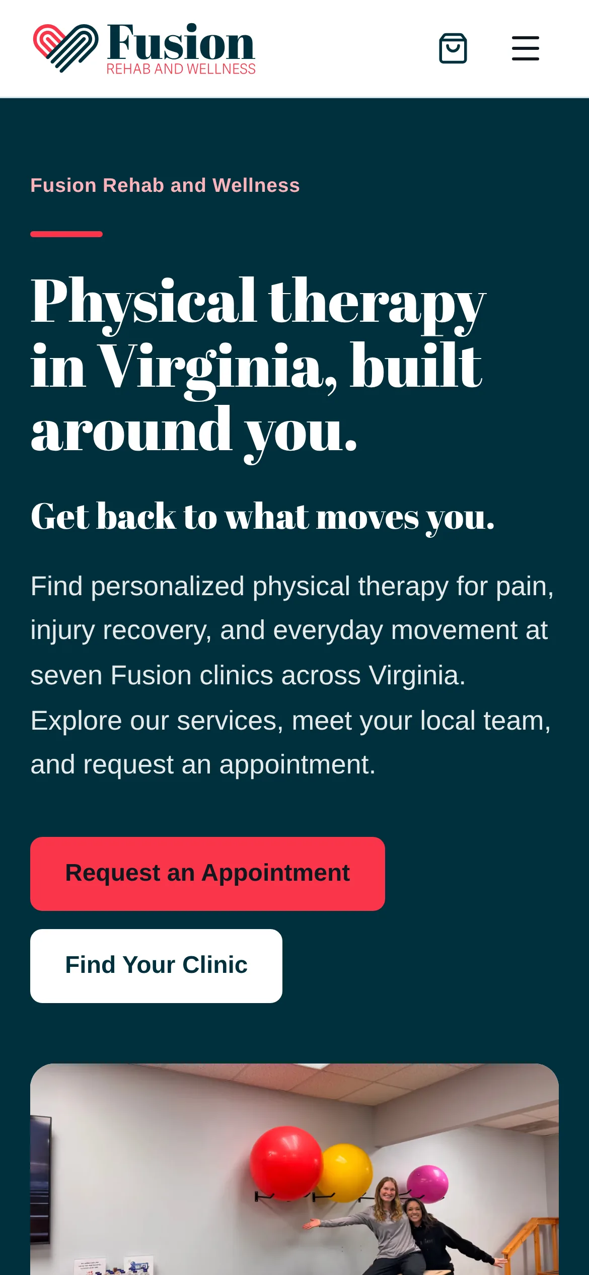 The Fusion homepage at phone width: the teal hero and headline, the coral Request an Appointment and white Find Your Clinic buttons stacked, and the clinic photograph beginning below.