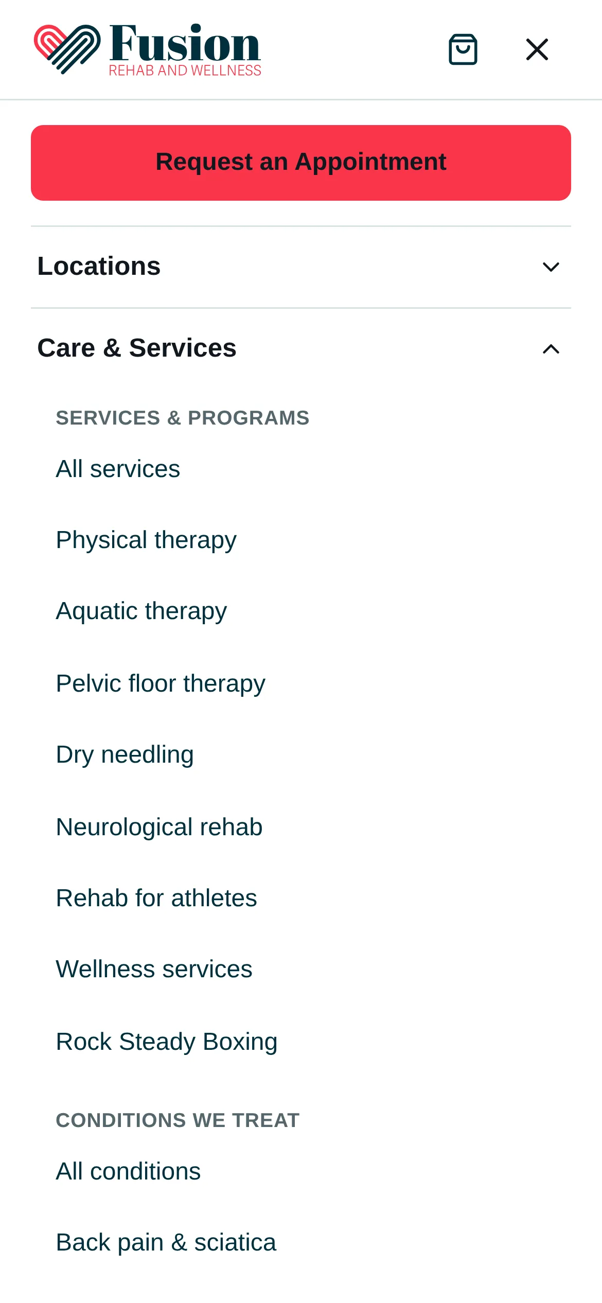 The Fusion menu open at phone width: a coral Request an Appointment button first, then Locations, and Care & Services expanded into its list of services.