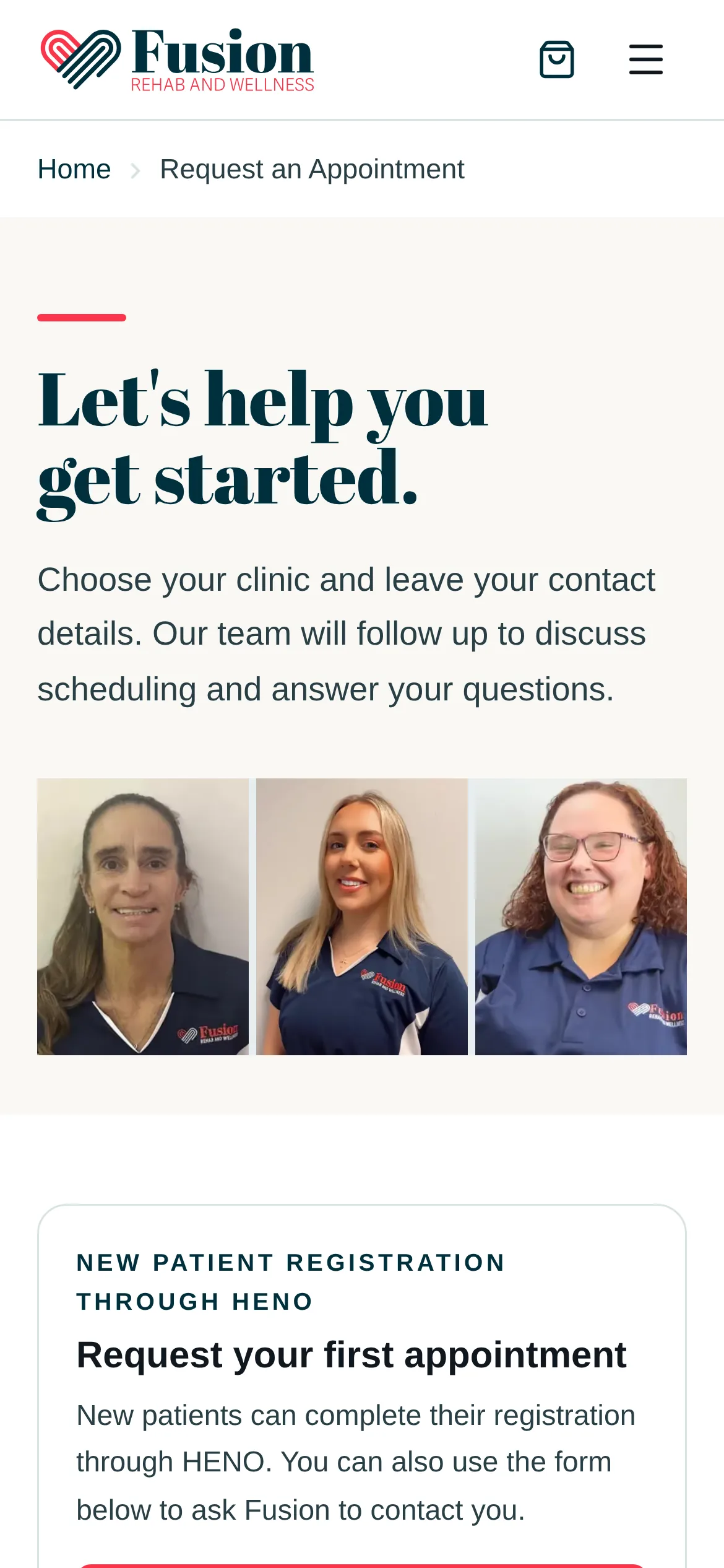 The Request an Appointment page at phone width: the heading 'Let's help you get started.', three staff headshots, and a card for new patients to request their first appointment.