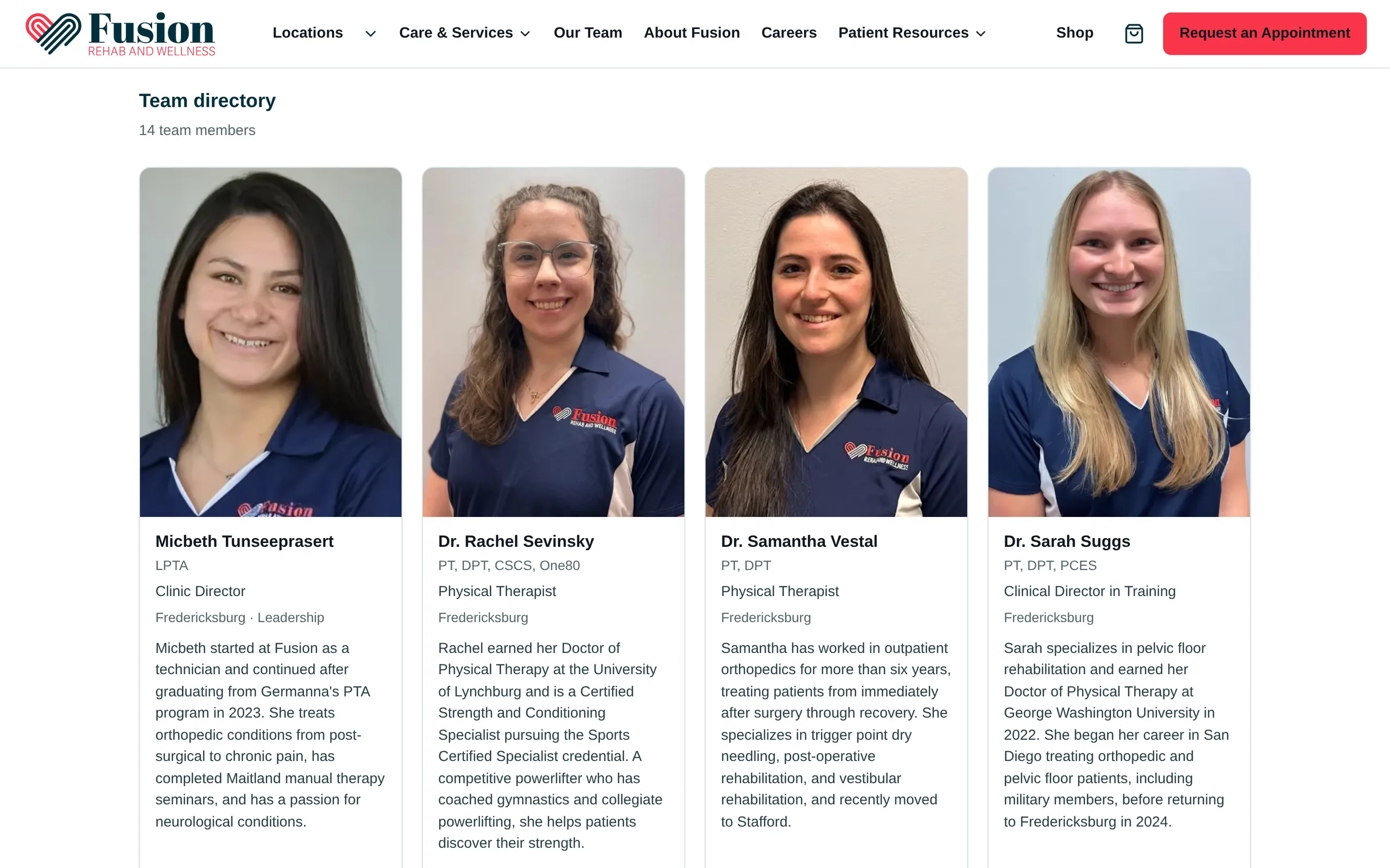 The team directory filtered to Fredericksburg: four profile cards, each with a staff member's headshot, name, credentials, role, clinic, a short biography and a View profile link.