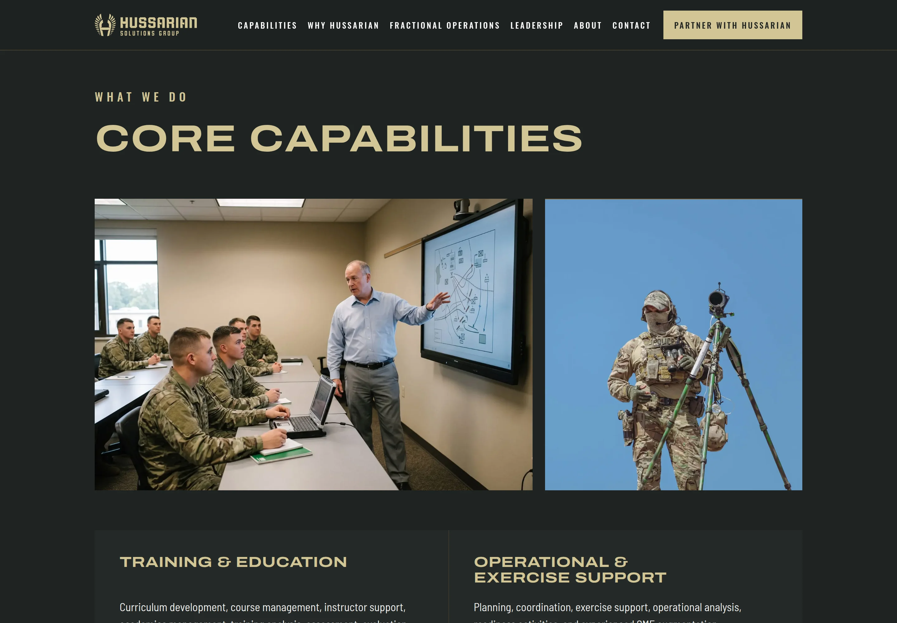 The Core Capabilities section under the eyebrow 'What We Do': two photographs — an instructor at a wall display before seated soldiers, and an officer beside a tripod-mounted scope — above panels for Training & Education and Operational & Exercise Support.