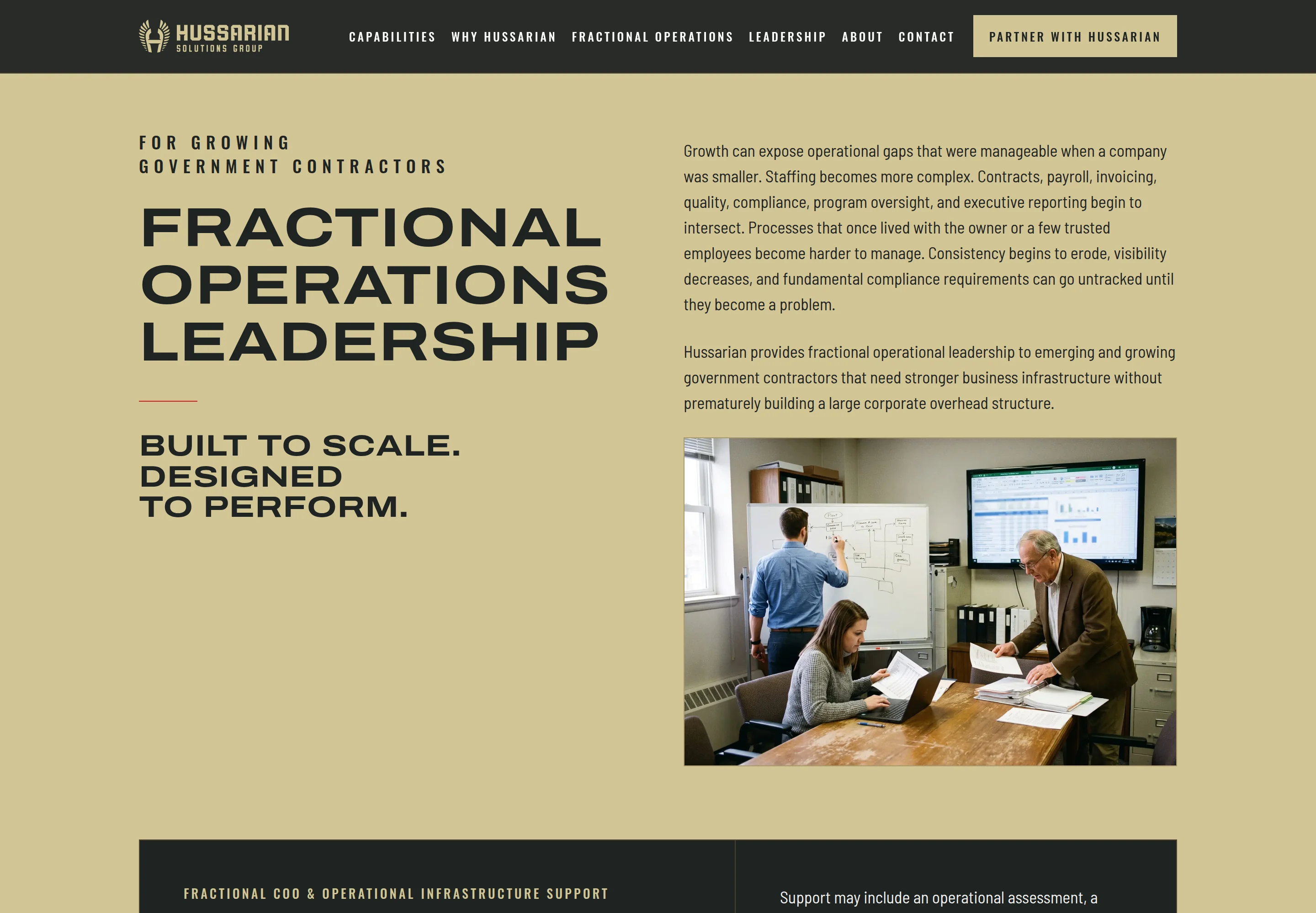 The Fractional Operations Leadership section on the sand field: the heading in wide capitals, the subheading 'Built to Scale. Designed to Perform.', two paragraphs, a photograph of three professionals at a whiteboard, and a charcoal service panel beneath.