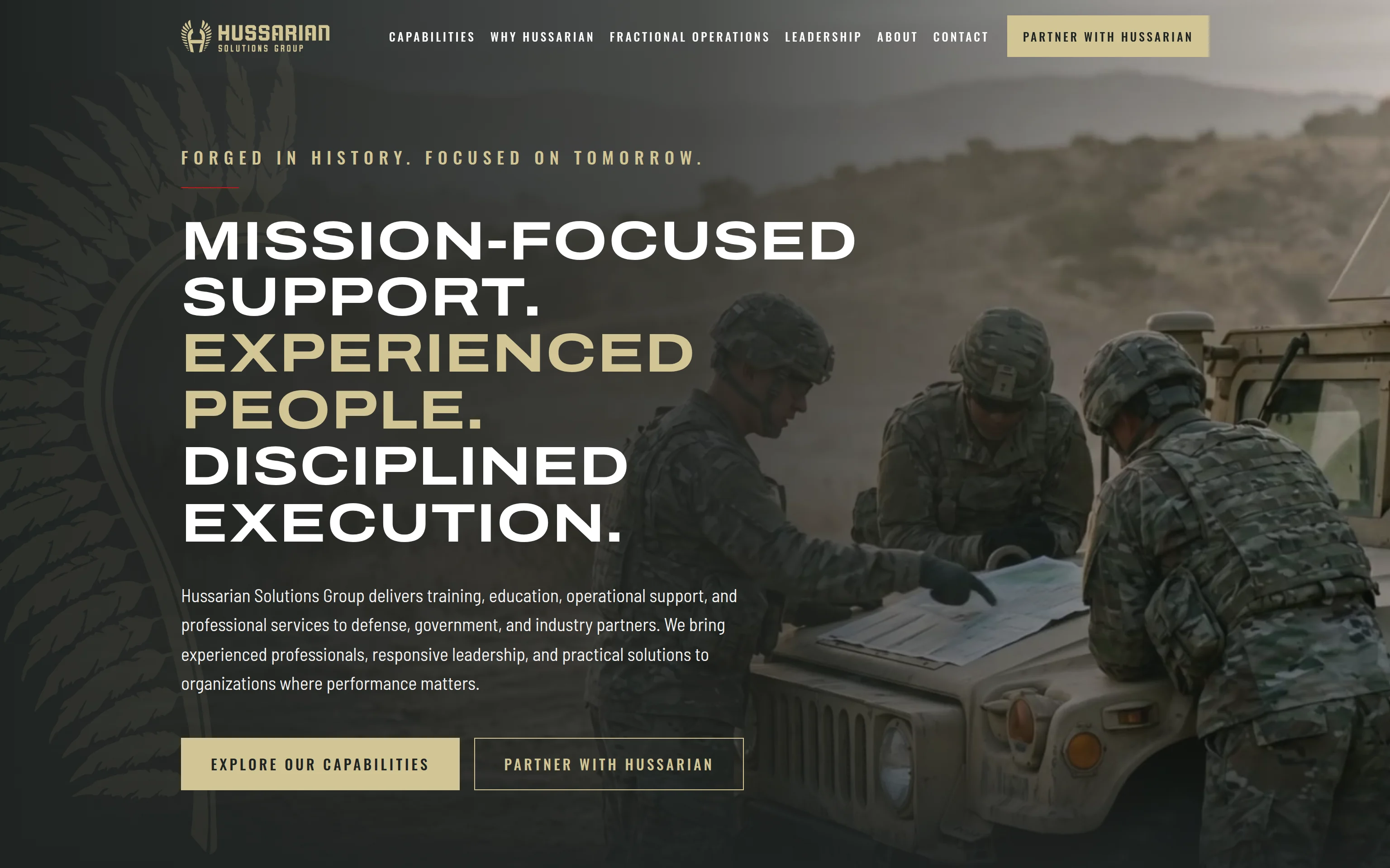 The Hussarian Solutions Group homepage: the eyebrow 'Forged in History. Focused on Tomorrow.', the headline 'Mission-Focused Support. Experienced People. Disciplined Execution.' in wide capitals with the middle line in sand, a paragraph, and the buttons Explore Our Capabilities and Partner With Hussarian, over a dawn scene of soldiers at a vehicle.