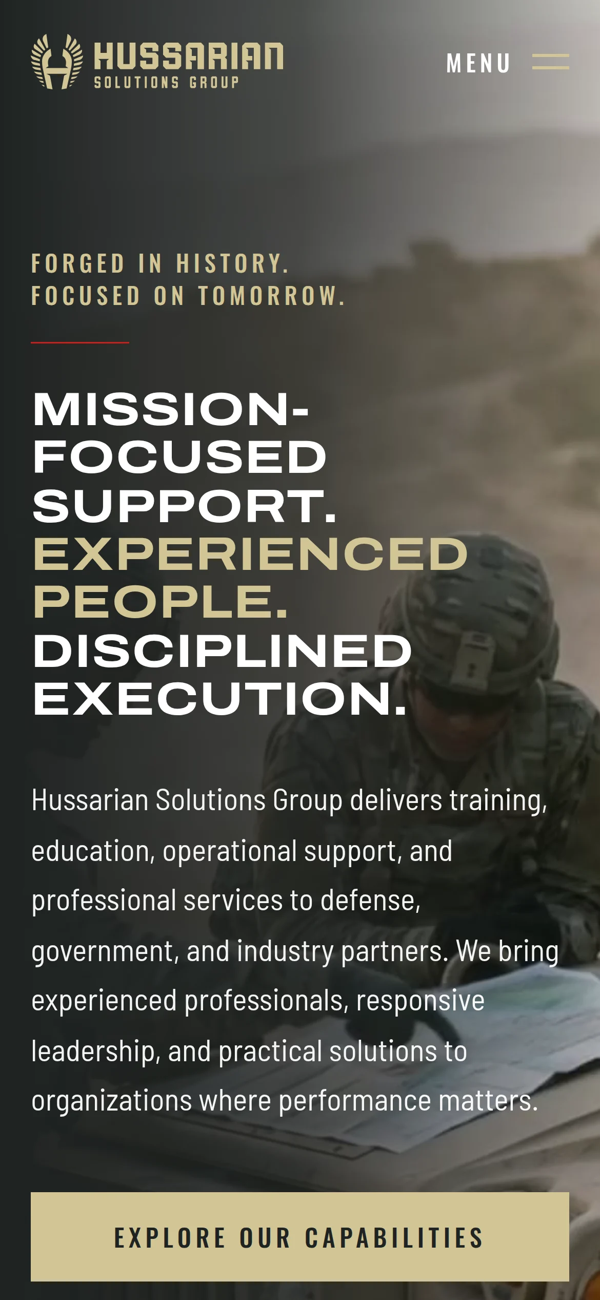 The Hussarian homepage at phone width: the logo and a menu button, the eyebrow and the three-line headline in wide capitals, the paragraph, and a full-width Explore Our Capabilities button.