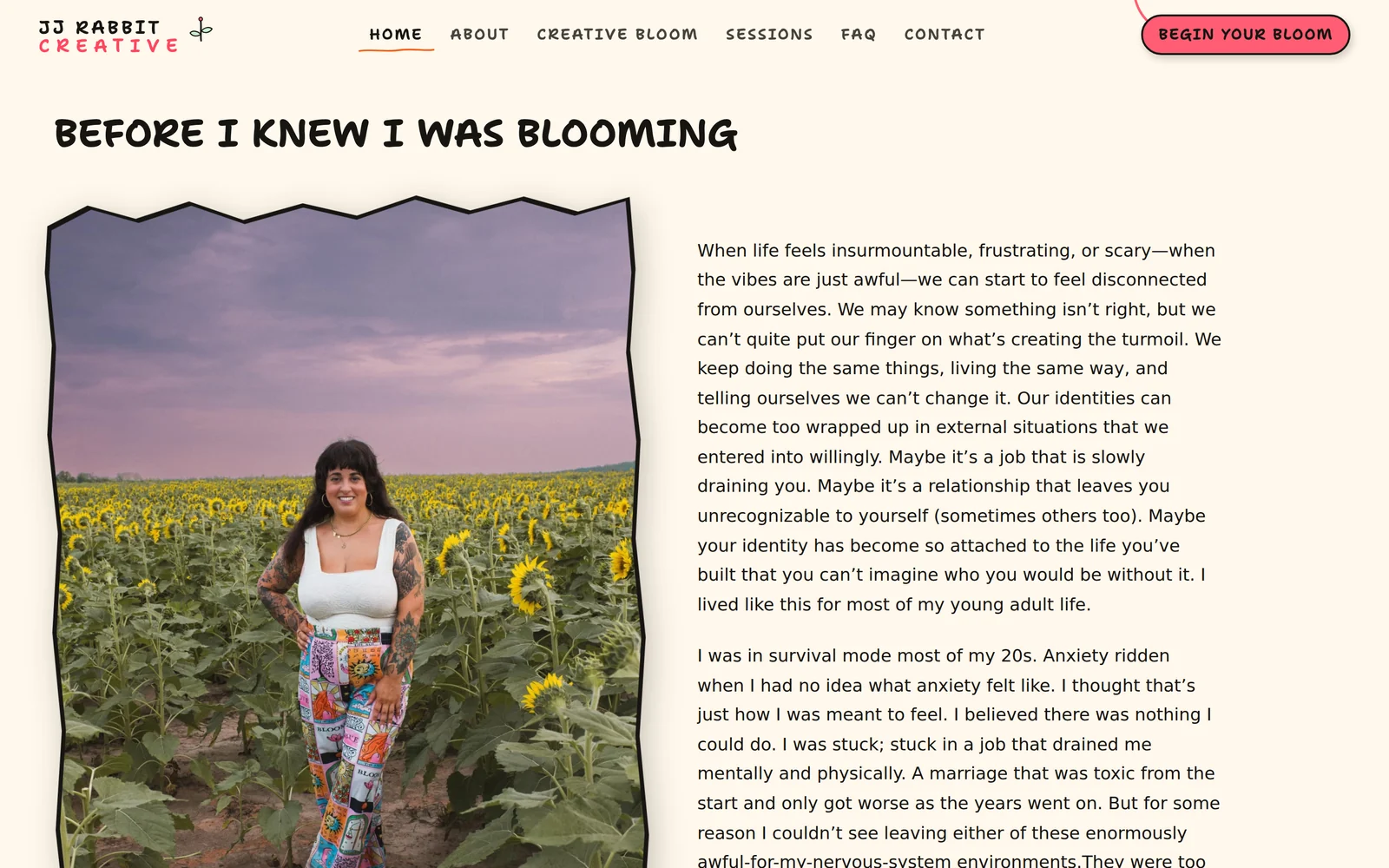 An interior chapter headed 'Before I knew I was blooming', with a torn-edged photograph beside two columns of running text.