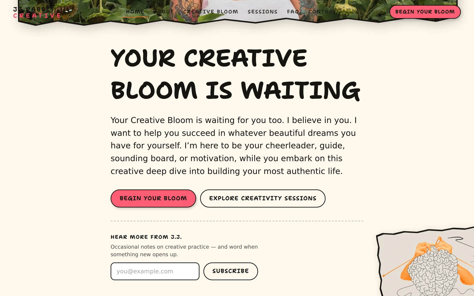The closing section of the site, headed 'Your creative bloom is waiting', with two buttons and a mailing-list form.