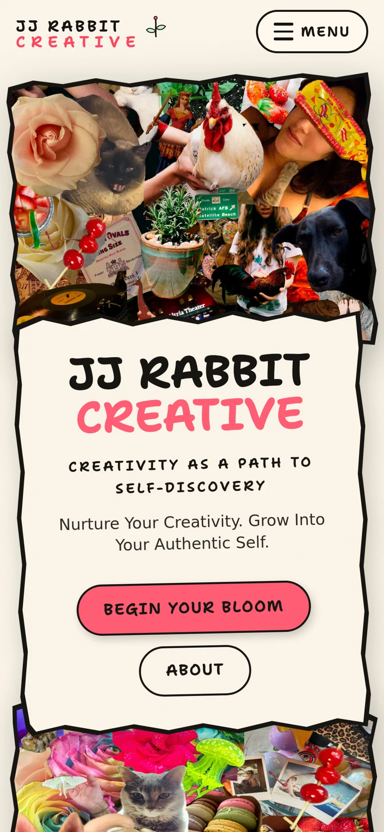 The JJ Rabbit Creative homepage on a phone: the collage hero stacked above the site's name card.