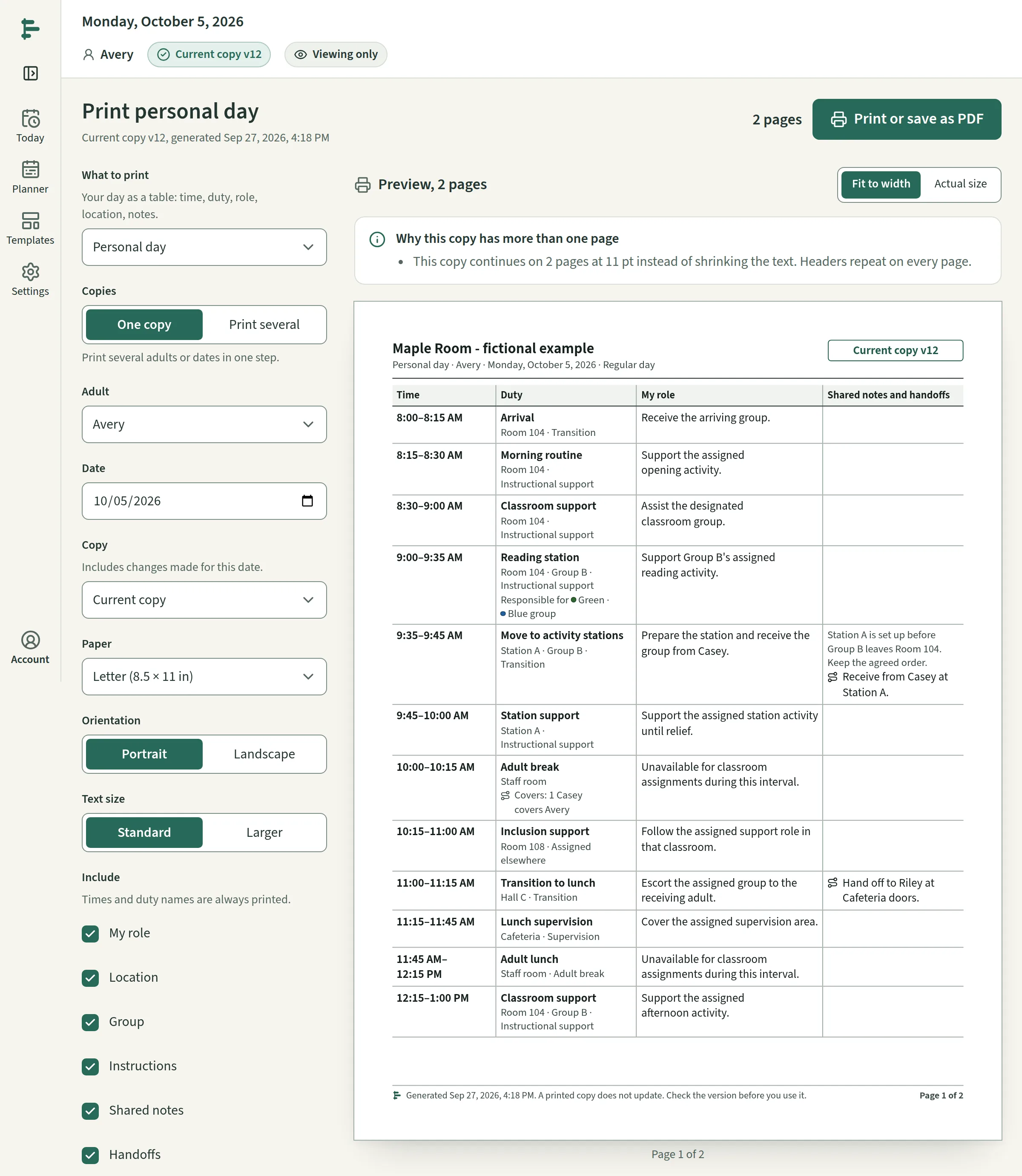 Print personal day: on the left, choices for the adult, the date, the copy, paper size, orientation, text size and what to include; on the right, a two-page preview headed 'Maple Room – fictional example' with the version, the date and a footer giving the time it was generated.
