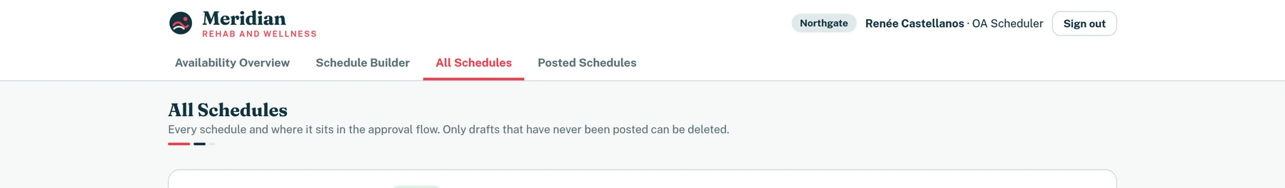 A list of weekly schedules, each labelled with its state: posted, revision pending, submitted for approval, or draft.