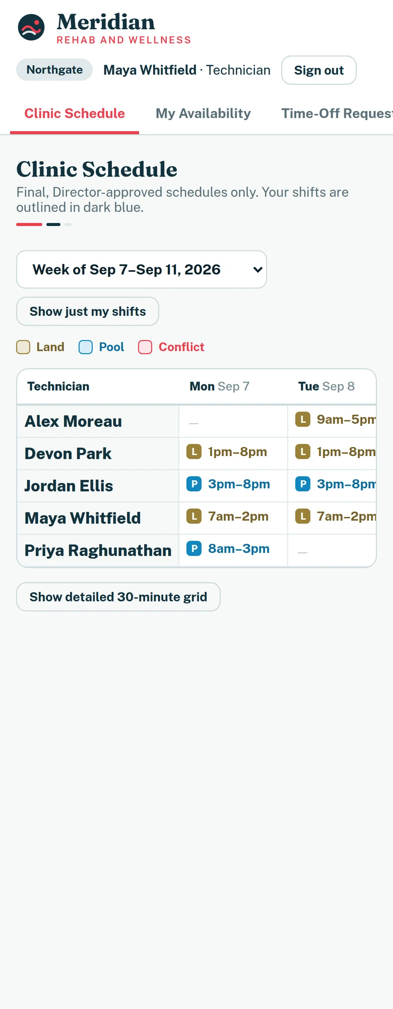 The technician's weekly schedule on a phone: one technician per row, days across, with colour-coded Land and Pool assignments.