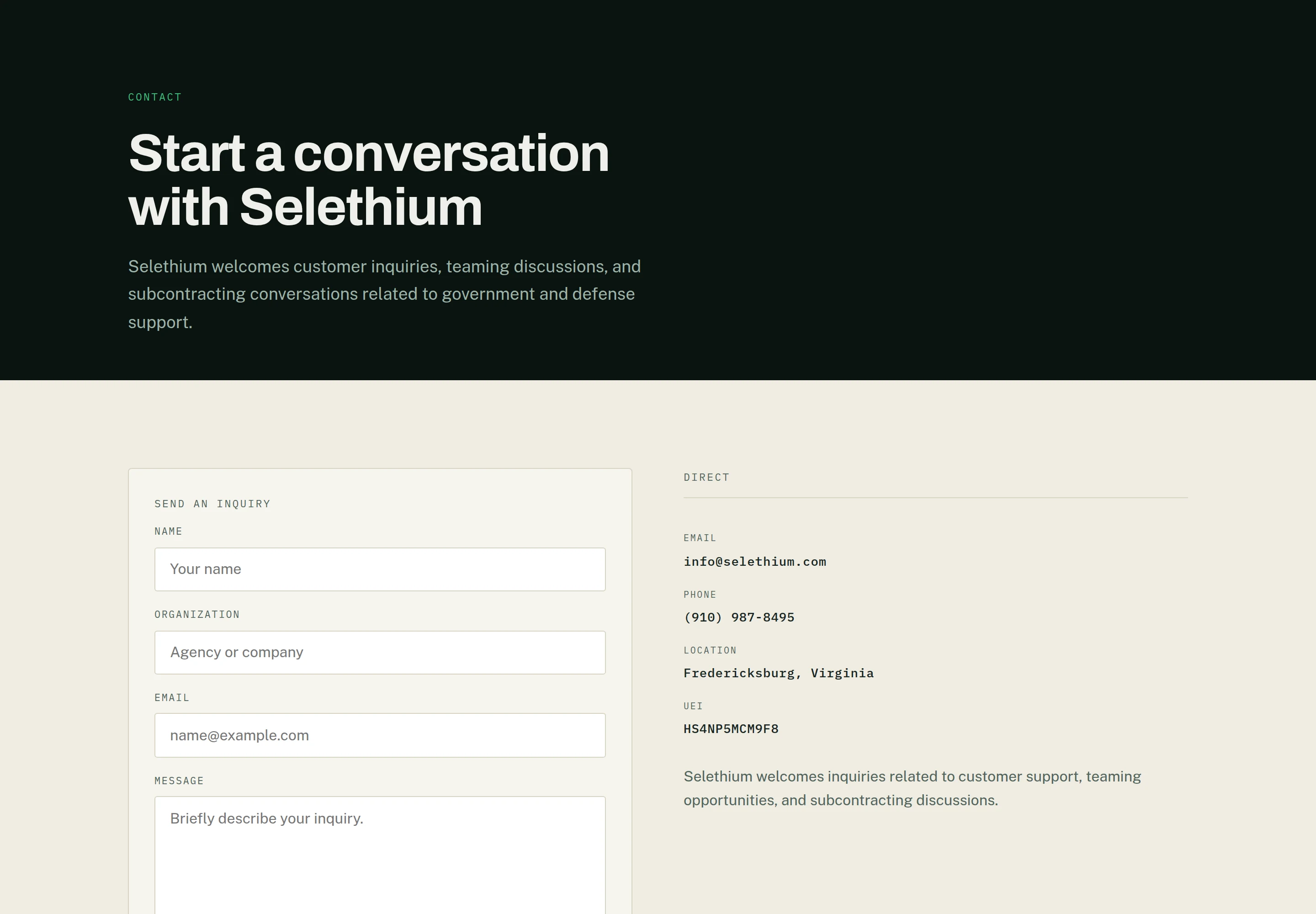 The contact page: an inquiry form on the left with name, organization, email and message fields, and beside it a mono record listing email, phone, location and UEI.