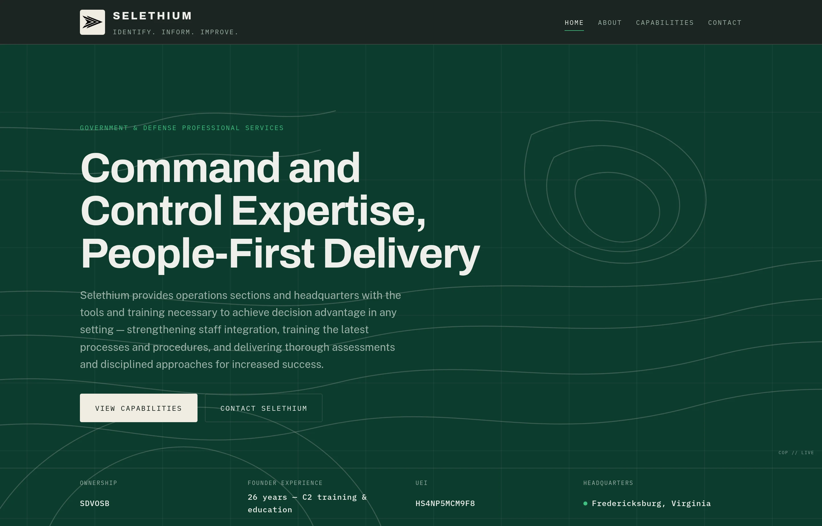 The Selethium home page: a deep evergreen hero crossed by terrain contour lines and small command-and-control track symbols, carrying the headline 'Command and Control Expertise, People-First Delivery', with a mono strip beneath it listing ownership, founder experience, UEI and headquarters.