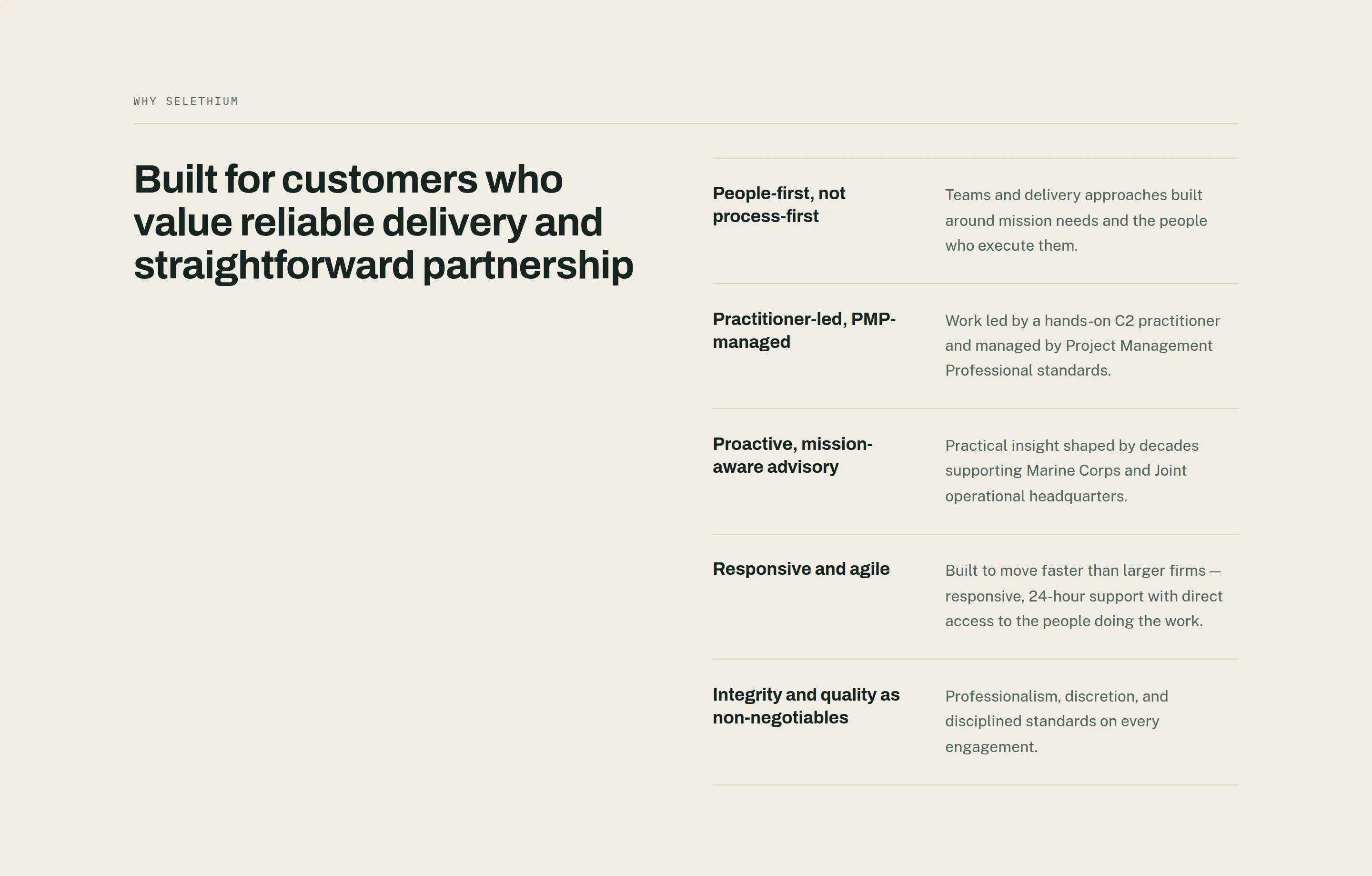 A band on the home page headed 'Why Selethium': a three-line headline on the left reading 'Built for customers who value reliable delivery and straightforward partnership', and on the right five hairline-ruled rows, each pairing a short bold label with a sentence explaining it.