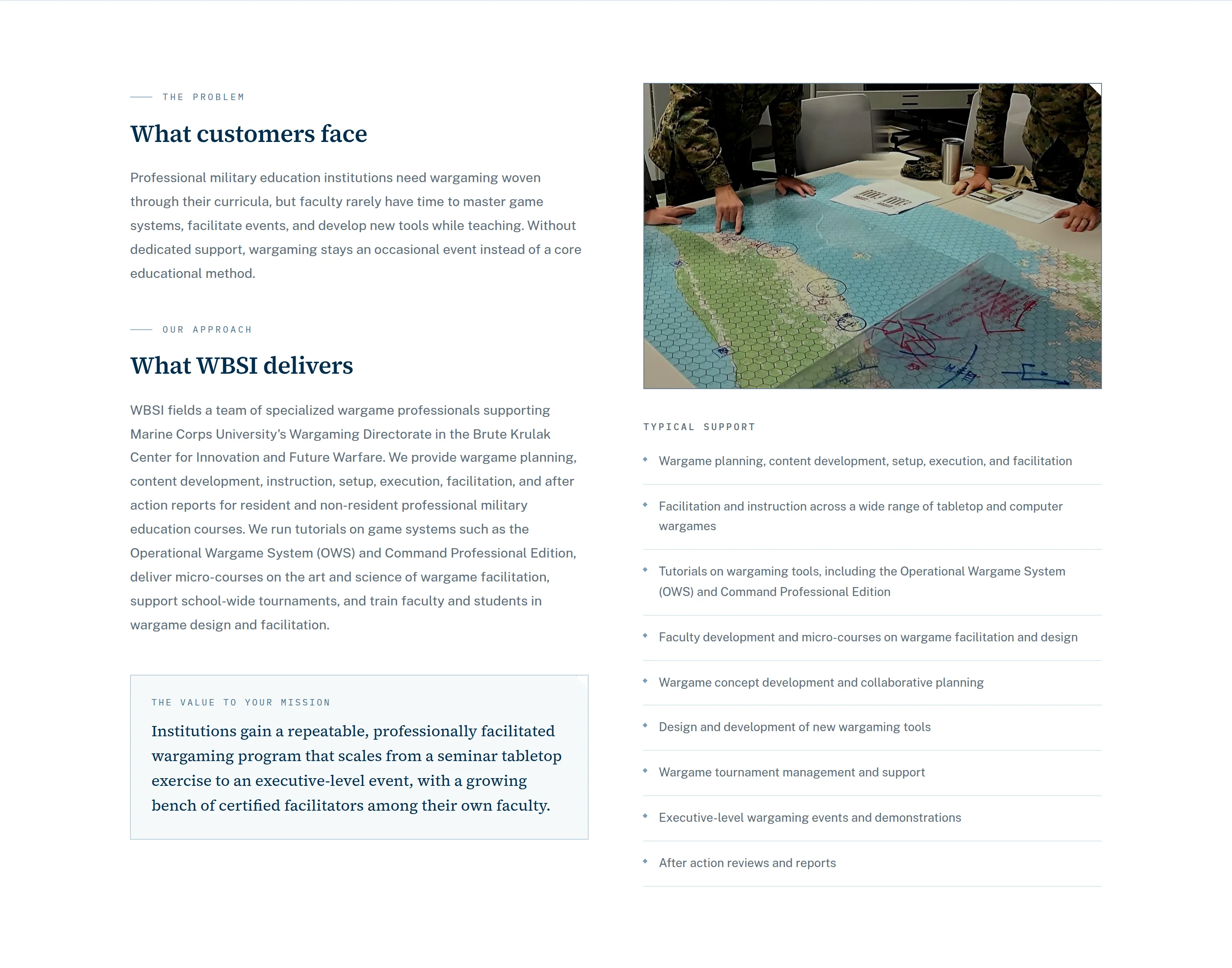 The Wargaming and Exercise Support page: 'What customers face' and 'What WBSI delivers' in a left column with a highlighted value statement, beside a photograph of a wargaming map and a ruled list of typical support.