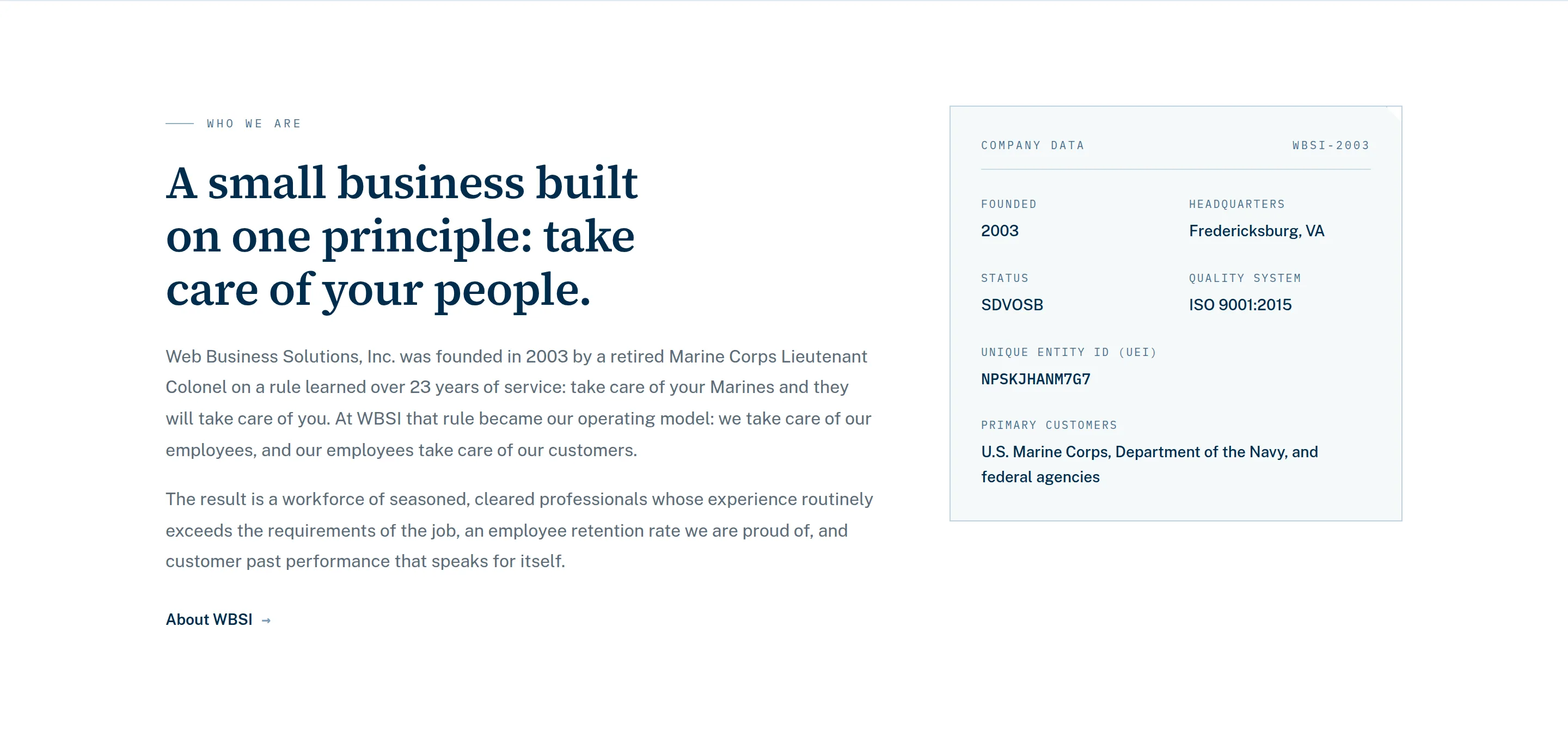 A section headed 'A small business built on one principle: take care of your people', beside a company data plate listing year founded, headquarters, SDVOSB status, ISO 9001:2015, unique entity ID and primary customers.