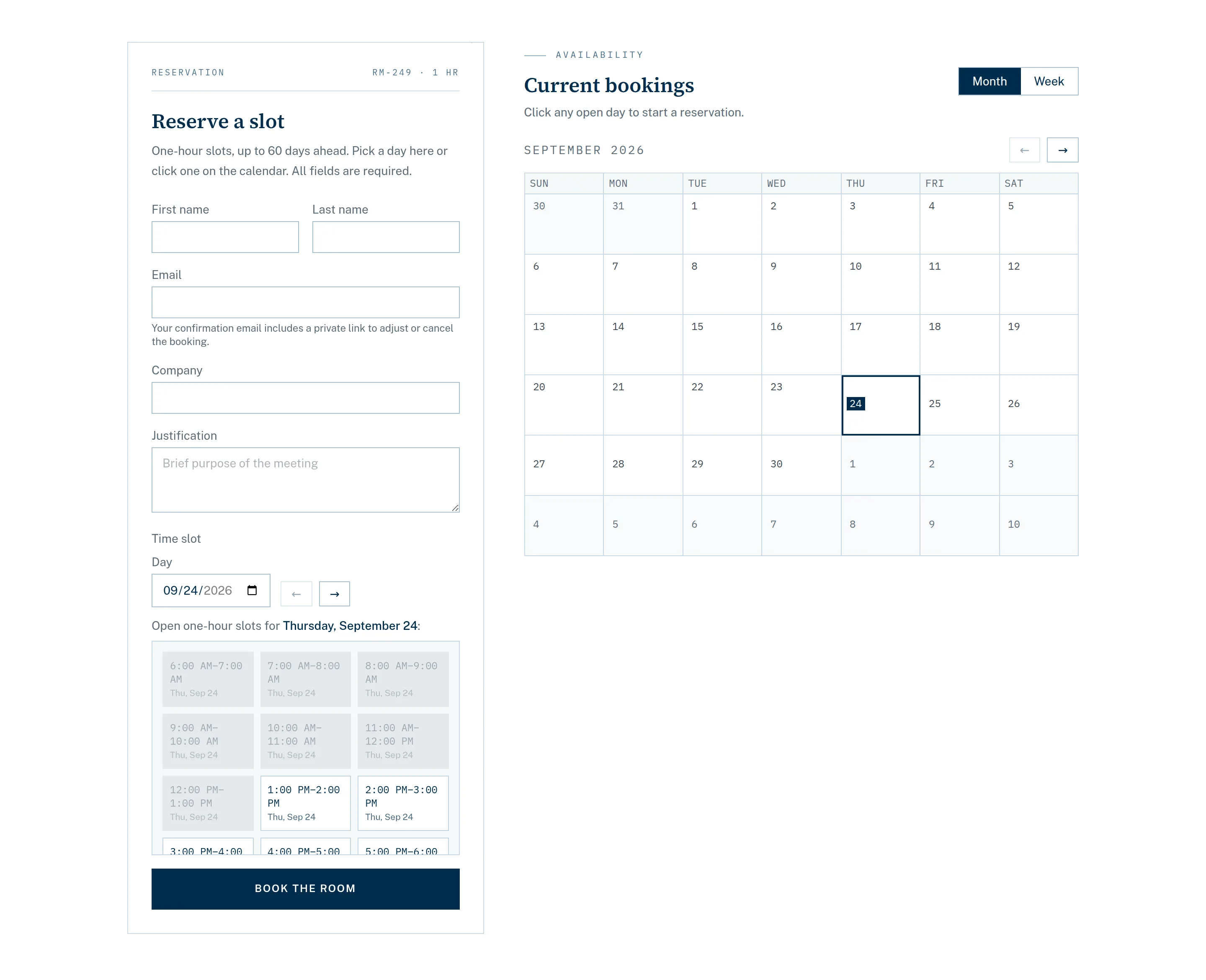 The conference room scheduler: a reservation form with name, email, company, justification and a grid of one-hour time slots, beside a month calendar with the current day highlighted.