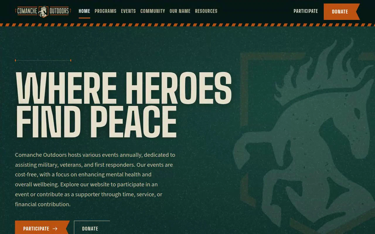 A frame from the recording: the new Comanche Outdoors homepage hero with the headline 'Where Heroes Find Peace' in condensed capitals on forest green.