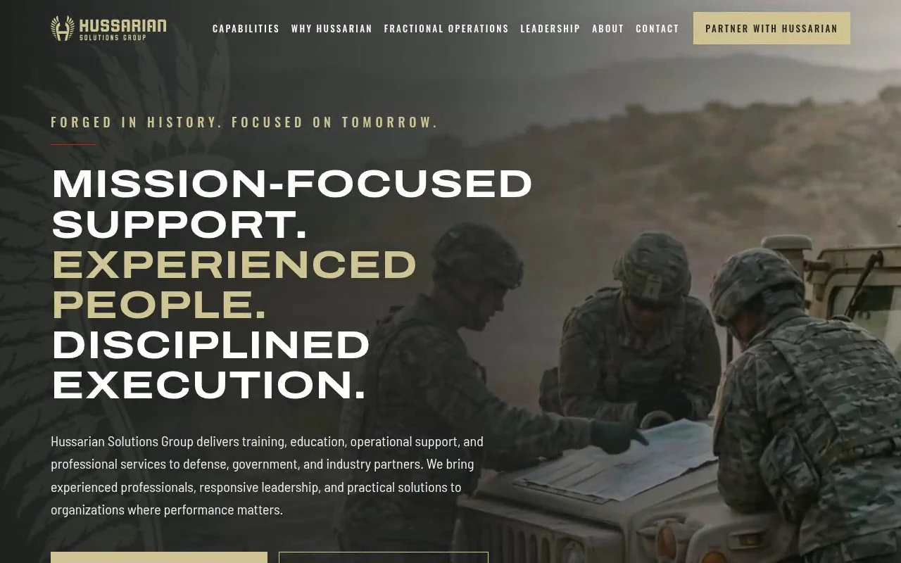 A frame from the recording: the Hussarian homepage hero — the headline 'Mission-Focused Support. Experienced People. Disciplined Execution.' in wide capitals over a dawn scene of soldiers studying a map on a vehicle hood, with two buttons beneath.