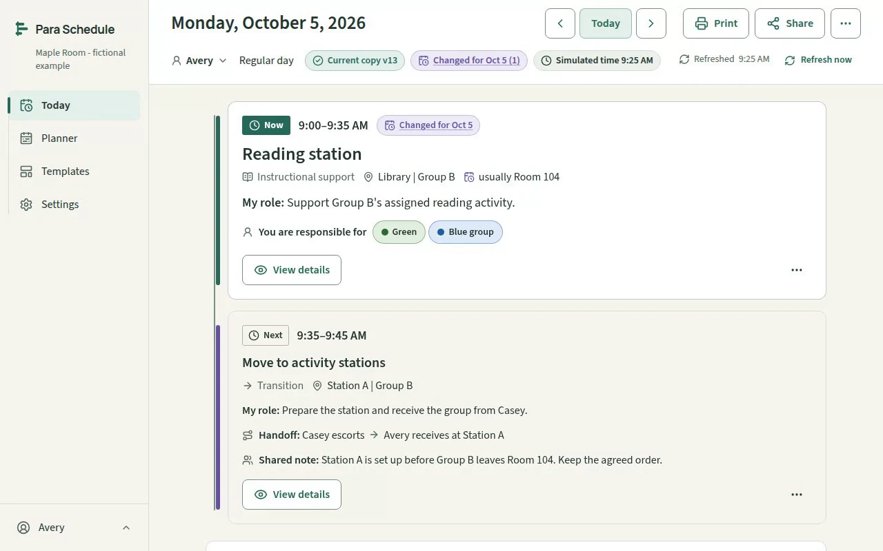 A frame from the recording: the Today view for Monday, October 5, 2026, marked 'Changed for Oct 5', with the Reading station duty now at the Library — 'usually Room 104' — and the next duty unchanged beneath it.